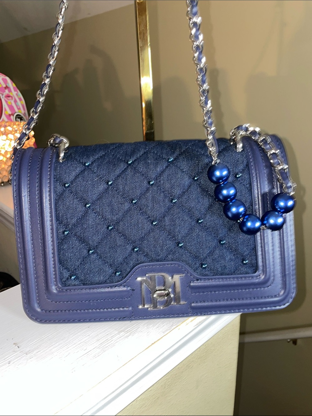 Badgley Mischka Quilted Navy Crossbody with Silver Chain